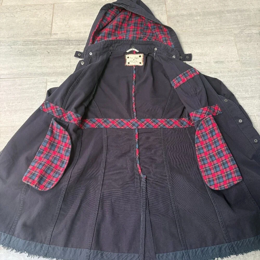 Free People Cotton Utility Drawstring Waist Hooded Jacket Coat Navy Size 8